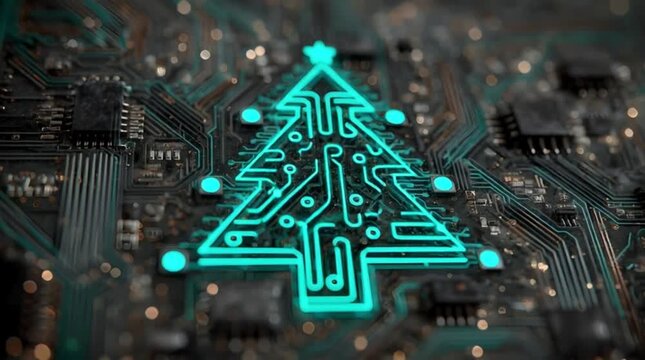 Glowing cyan neon Christmas tree with circuit board trace pattern on microchip motherboard for tech holiday background (AI Generated)
