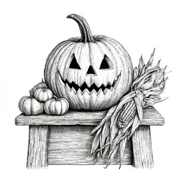Halloween jack-o-lantern with pumpkins and corn harvest decoration