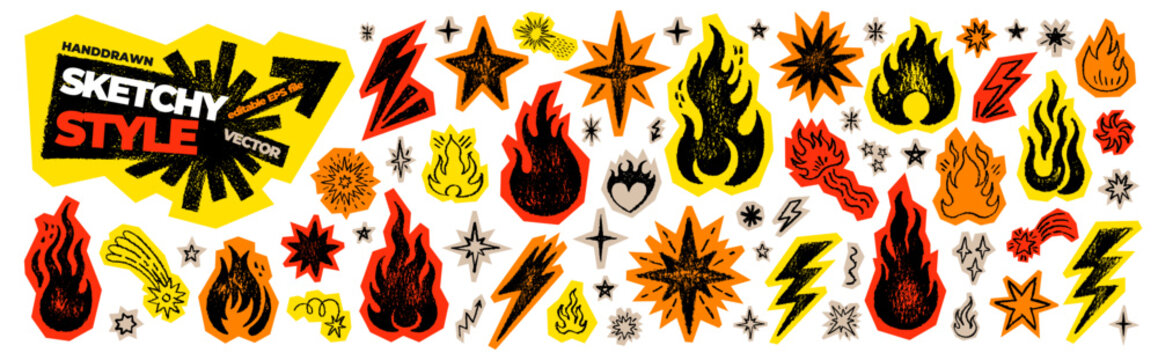 Fire, star, flame lightning doodle collage icon. Hand drawn scrapbook grafitti sticker. Vector brush crayon fire flame star bolt. Cutout grunge grafitti. Sketch vintage paper set. Tattoo Punk hot bg
