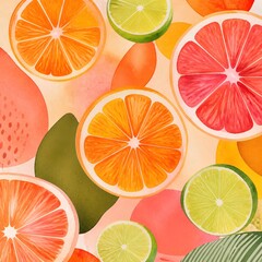 Fototapeta premium Modern watercolor artwork featuring sliced oranges, grapefruit and limes, interiors, energetic playful mood, statement wall art