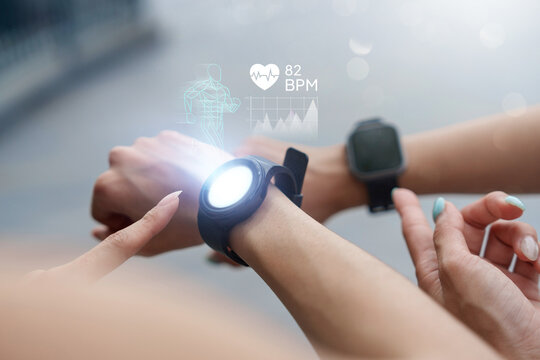 Smartwatch projecting futuristic holographic fitness graphics for health tracking