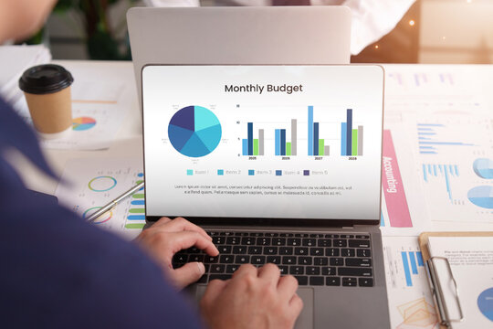 Businessperson typing on laptop analyzing monthly budget and financial charts