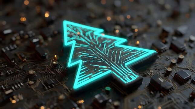 3D block Christmas tree with glowing cyan circuit traces on microchip motherboard for tech holiday concept (AI Generated)