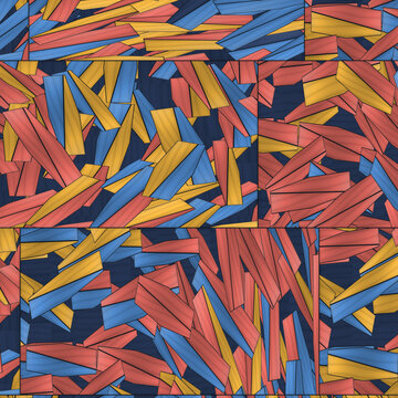Abstract pattern of overlapping geometric shapes in blue, coral