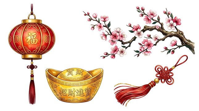 Chinese new year traditional decorations including lantern, gold ingot, plum blossom and knot