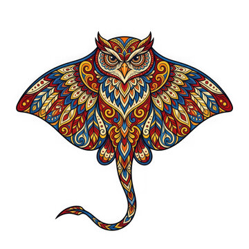 Colorful ornamental owl stingray hybrid illustration isolated on transparent background