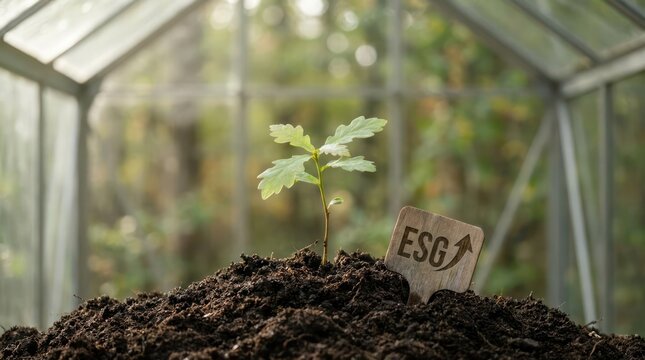 Young oak sapling growing in soil inside a greenhouse with ESG sign