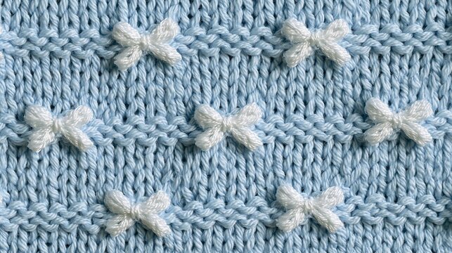 Blue knitted fabric pattern featuring cute white embroidered bows and bobble stitches, cozy handmade textile background for baby apparel and crafts