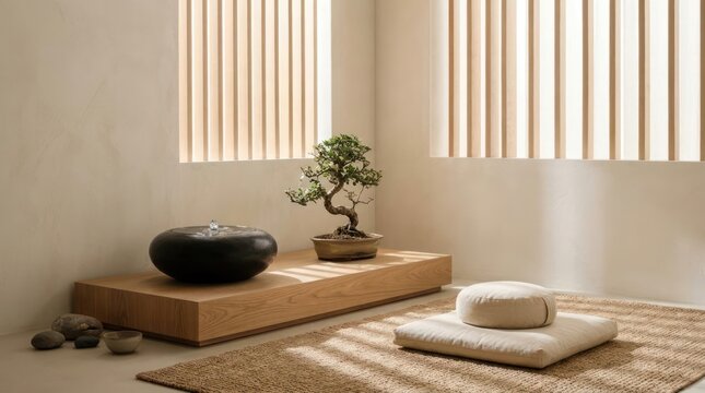 Zen meditation room with bonsai tree and floor cushions