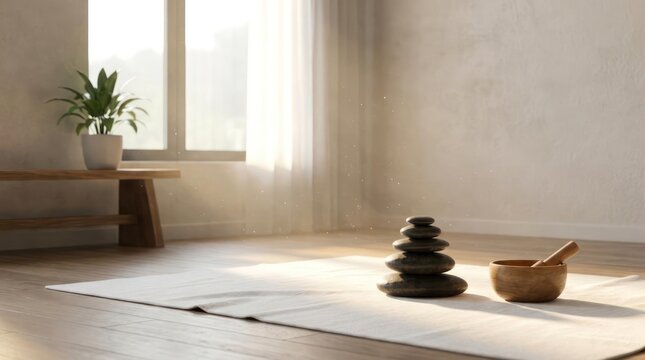 Zen meditation space with stacked stones and singing bowl on mat