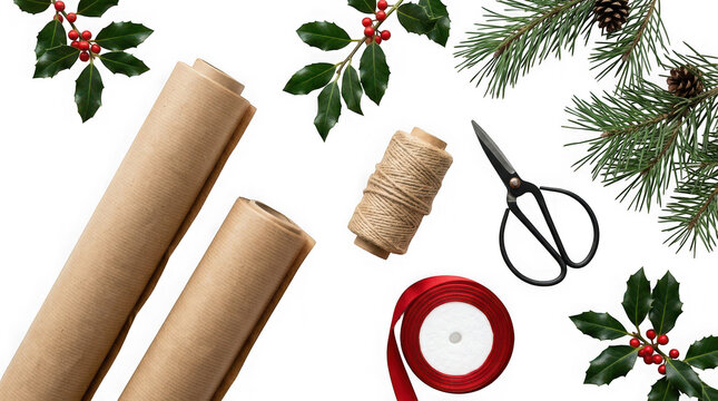 Christmas gift wrapping supplies with kraft paper, twine, scissors, red ribbon and holly branches isolated on transparent background