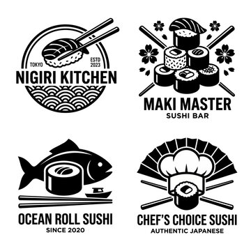 A collection of logos featuring sushi restaurant designs emphasizing Japanese cuisine and culture through vibrant and stylish elements in an appealing way.