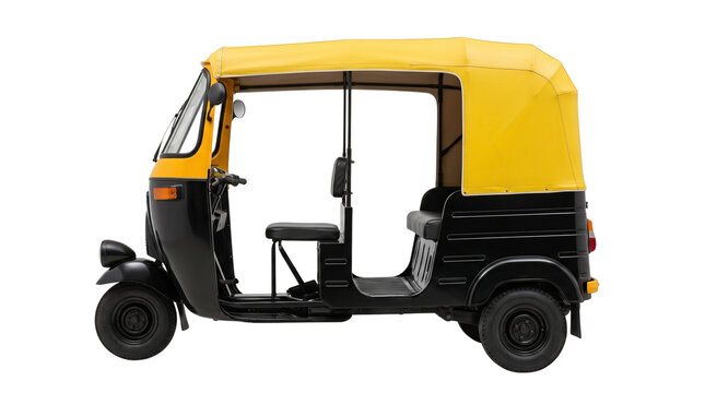 Traditional yellow and black auto rickshaw, side view of an Indian tuk-tuk taxi, three-wheeled motorized passenger vehicle for urban transport isolated PNG with Transparent Background