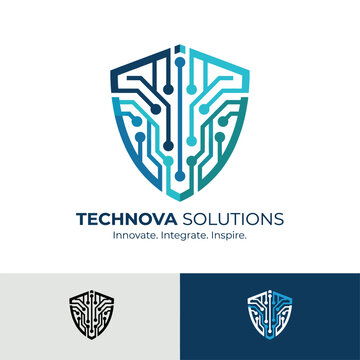 This logo presents an innovative shield design infused with circuit patterns, ideal for technology firms focusing on integration and advancements in services and solutions.