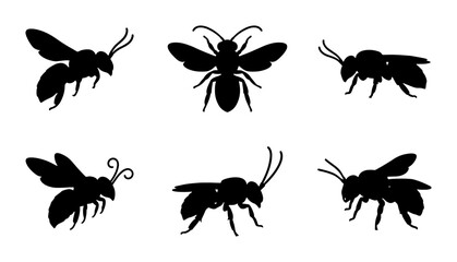 Fototapeta premium Six Black Silhouette Bees Vector Set, Insect Icons, Flying and Crawling Bug Graphics