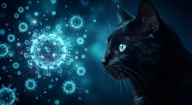 A black cat looking at glowing microscopic virus cells floating in a dark blue environment. 