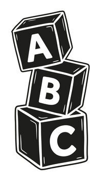 Vintage ABC alphabet blocks vector, hand drawn toy cubes with letters A B and C, black and white nursery school education illustration