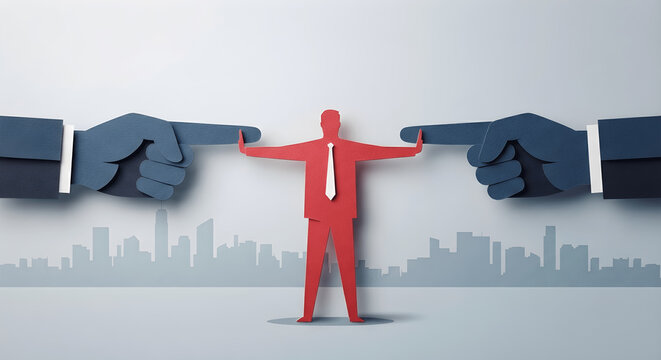 ​A red paper cutout figure of a businessman stands between two large hands pointing at him, blocking their fingers with outstretched arms against a city skyline background. 