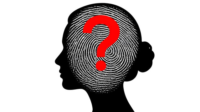 Profile silhouette of a woman's head containing a fingerprint pattern and a large red question mark inside.