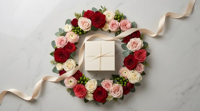 Rose wreath gift box photo with ribbon and pink flowers on white marble background