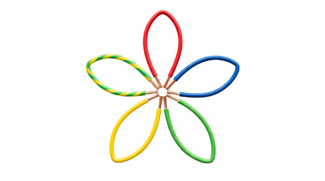 Colorful electrical cables arranged like a flower on transparent background