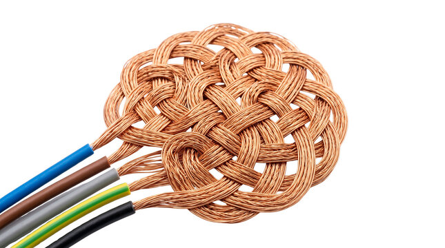 Copper wire braided cables shaped into artistic knot on transparent background