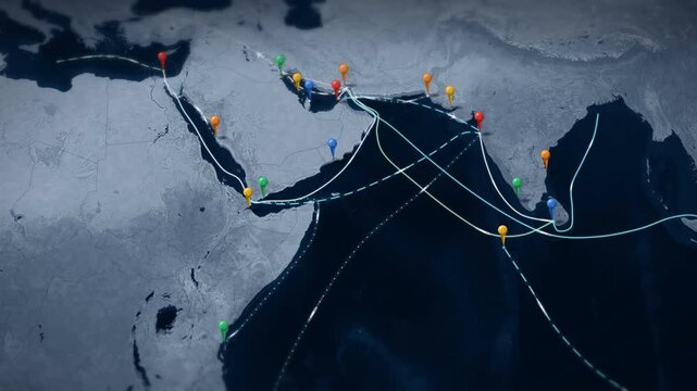 Middle East shipping trade route map with pinned port locations