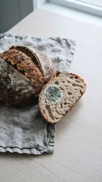 Loaf of artisan sourdough bread with green mold on sliced piece