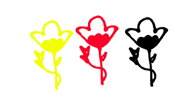 Colorful hand drawn flower doodles in yellow red and black, isolated on a clean white background, showing simple floral line drawings arranged as a playful decorative cluster. This versatile stock ass