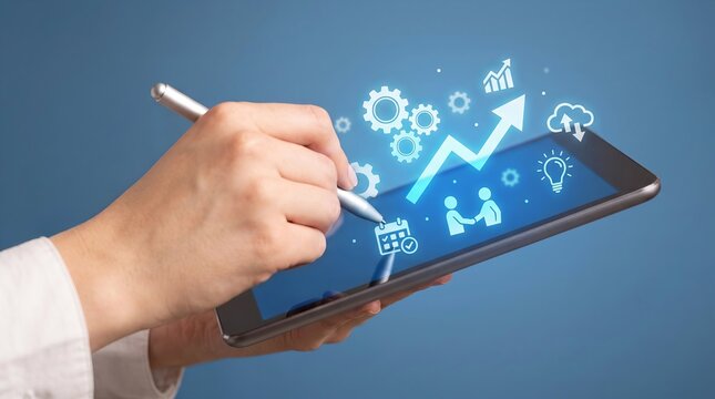 Tablet with stylus displaying business management and project planning icons, including digital workflow automation, analytics, growth charts, schedules, etc