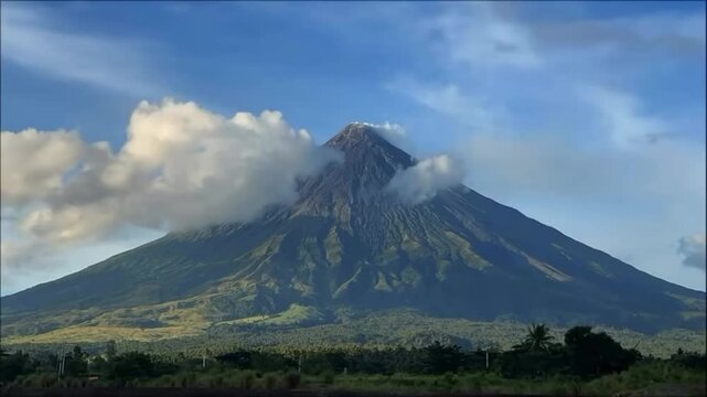 Time lapse of clouds moving around  symmetrical stratovolcano cone against blue sky