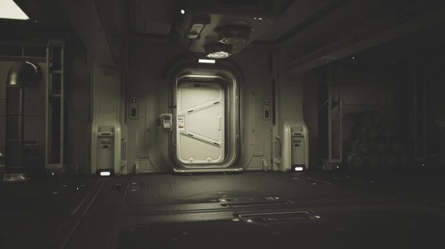 Wide maintenance corridor with wet floor and puddles reflecting dim lights, closed hatch at center, signs of recent leak and ongoing repair scenario