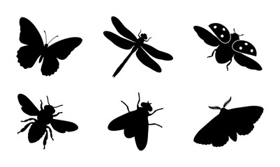 Fototapeta premium Insect Silhouettes Collection, Butterfly, Dragonfly, Ladybug, Bee, Fly, Moth Icons