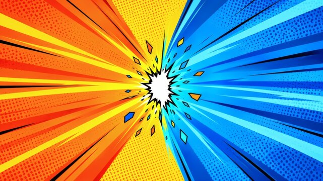 Comic style versus background with orange and blue sunburst versus screen sunburst effect pop art halftone pattern backdrop