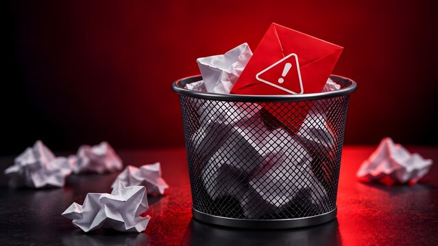Red envelope with warning exclamation mark in wastebasket representing spam email filtering and phishing message rejection