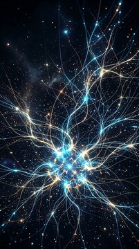 Bioluminescent neural network connections spreading through deep space particles representing complex biological synapses or artificial intelligence data processing nodes flowing in dark cosmic