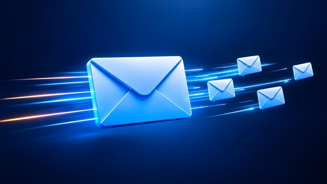 Glowing blue digital email envelopes flying with light trails representing fast internet communication and data transfer