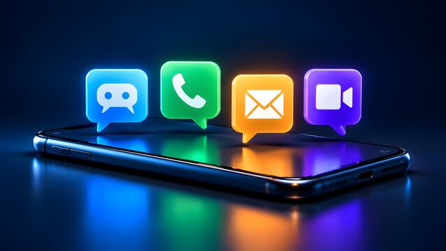 Smartphone displaying glowing floating communication icons representing digital messaging video call and email notification