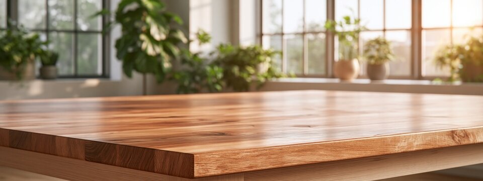 Empty wooden table top product display showcase inside bright loft room