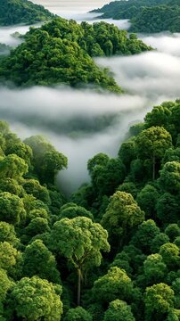 vertical video-Aerial View of Lush Rainforest Canopy in Morning Mist