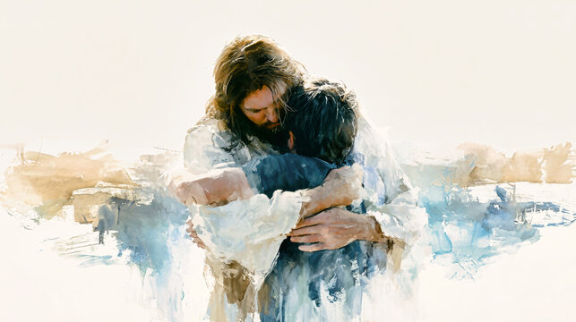 Jesus wraps his arms around a man in a warm embrace against a light background of soft colors. This moment shows love and kindness between them