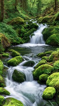 vertical video-Clean Mountain Stream Flowing Through Protected Forest