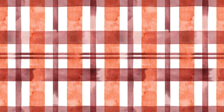 Hand painted watercolor autumn fall orange red striped background. Stripe seamless pattern. Stripes checkered plaid illustration. Fabric, wallpaper, sketchbook, wrapping, tablecloth,  banner, textile