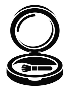 Minimalist makeup compact vector icon, black and white face powder case with mirror and brush, cosmetic product illustration for beauty salon branding