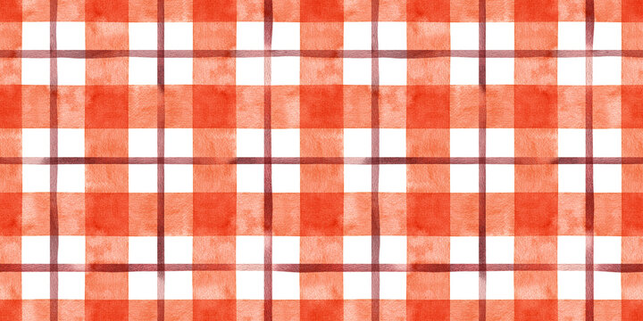 Hand painted watercolor autumn fall orange red striped background. Stripe seamless pattern. Stripes checkered illustration. Fabric, wallpaper, wrapping, bags, tablecloth, textile, banner, sketchbook