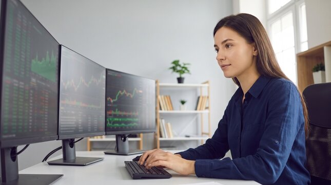 Young Woman Working On Financial Trading Charts On Multiple Computer Monitors in Bright Office