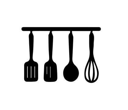 Black Kitchen Cooking Utensils Set Spatula Ladle and Whisk Collection Icon