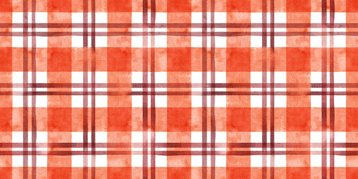 Hand painted watercolor autumn fall orange red striped background. Stripe seamless pattern. Stripes checkered illustration. Fabric, sketchbook, wallpaper, wrapping, bags, banner, textile, tablecloth