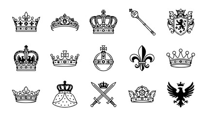 Set of black and white royal crown icons and heraldic symbols for luxury branding and design © Mahafuz
