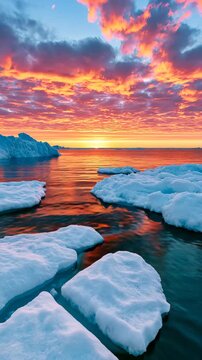 vertical video-Ice Floes Drifting on Arctic Water at Midnight Sun